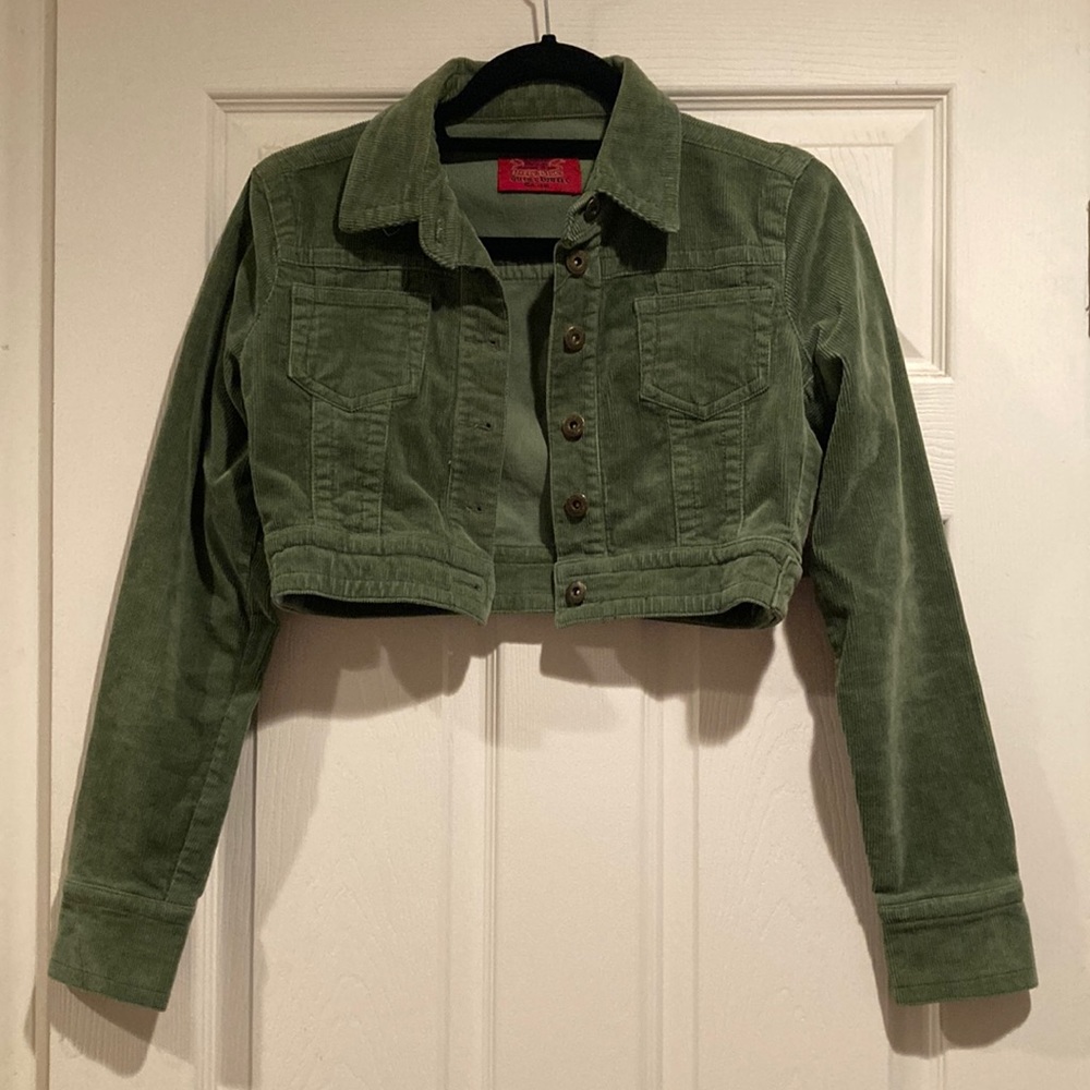 Vintage Paris Blues Olive Army Green Cropped Corduroy Jacket